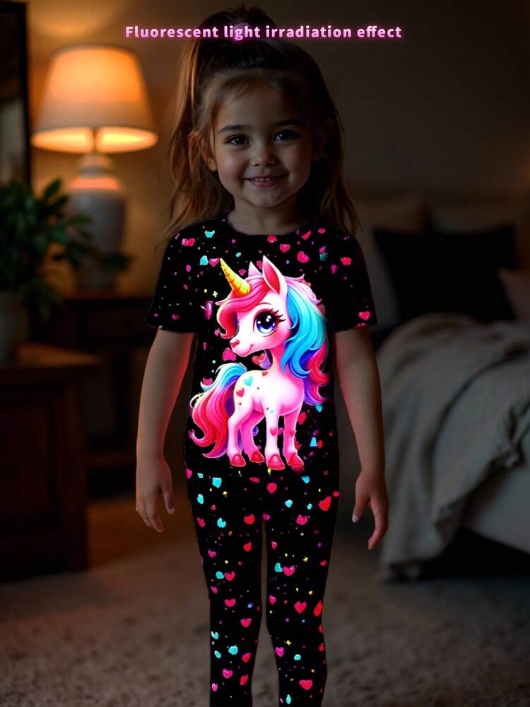 2 piezas Conjunto de top de manga corta y pantalones con estampado de unicornio y corazón que brillan en la oscuridad para niñas pequeñas, adecuado para uso al aire libre - Negro - Añade 1