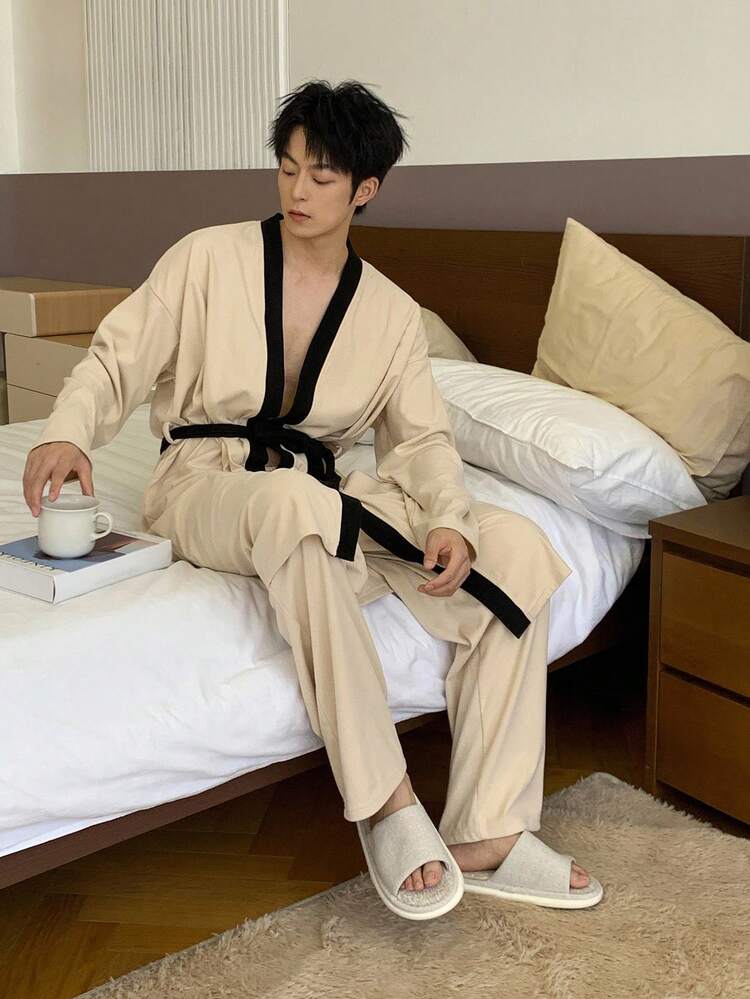 Men's Autumn Long Robe Set With Pants, Khaki Color, Loose & Comfortable Loungewear, Fall Clothes Pajama