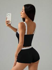 SHEIN PETITE Women's Lace Patchwork Bow Decor Cropped Camisole And Shorts Bodycon Sexy 2 Pieces Set ,Petite Women - Black - View 2