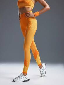 Powerista 时尚条纹高腰修身收腹运动紧身裤瑜伽女裤 - 黃色 - 查看 4