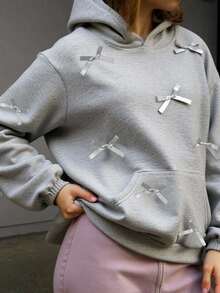 少女可爱复古时尚宽松卫衣，带蝴蝶结和口袋，秋冬款 - 灰色 - 查看 1