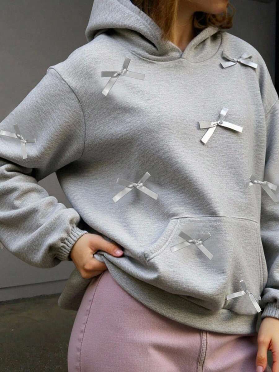 少女可爱复古时尚宽松卫衣，带蝴蝶结和口袋，秋冬款 - 灰色 - 查看 1