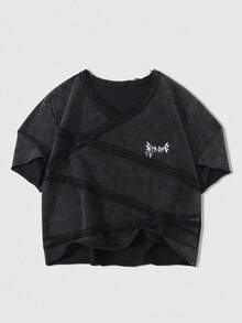 ROMWE MEN Goth 男士美式哥特街头风格拼接雪洗短袖T恤 - 黑色 - 查看 4