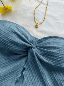 SHEIN Áo hai dây viền bất đối xứng thoải mái tối giản dành cho bé gái tuổi mới lớn - Màu xanh hải quân - Xem 3