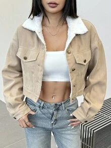 Áo khoác nữ tay dài dáng rộng, cài nút, ve áo màu tương phản, lót nhiệt, thời trang thu đông - Màu be - Xem 4