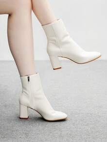 CUCCOO BIZCHIC Pointed Toe, Chunky Heel Women's Commuter Fashion Simple Ankle Boots, Classic White Side Zipper Mid Heel Boots, Suitable For Autumn & Winter For Christmas - White - View 6