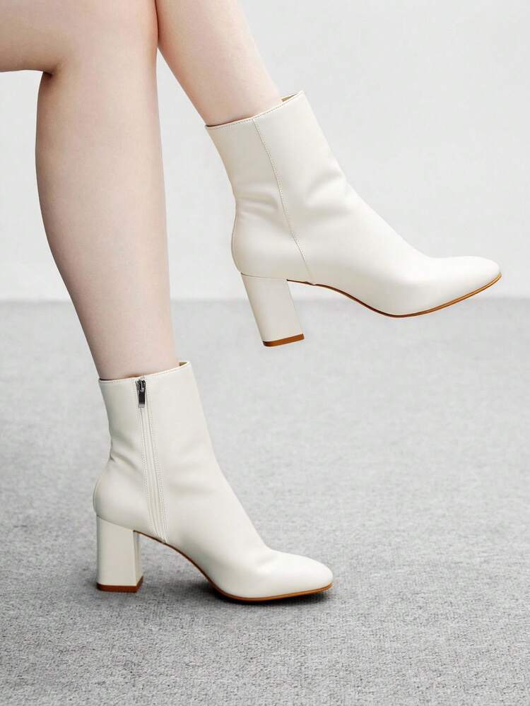 CUCCOO BIZCHIC Pointed Toe, Chunky Heel Women's Commuter Fashion Simple Ankle Boots, Classic White Side Zipper Mid Heel Boots, Suitable For Autumn & Winter For Christmas Spring Shoes