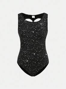 SHEIN Tween 女童休闲运动体操瑜伽闪亮优雅高弹力箔针织露背紧身衣，黑色 - 黑色 - 查看 3