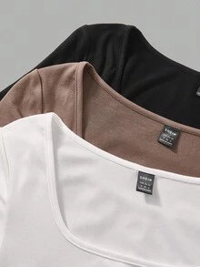 SHEIN EZwear 3 件女式黑色、浅棕色、白色短袖短款休闲修身 T 恤，适合夏季 - 彩色 - 查看 5