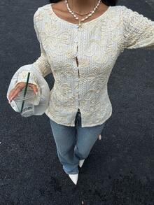 Siren Gaze 新款女式刺绣长袖衬衫，四季皆宜 - 杏色 - 查看 5