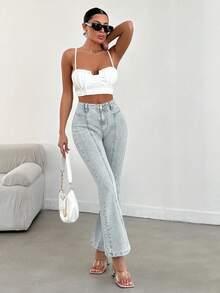 EURMUSE 98%纯棉高腰修身休闲喇叭裤 - 淺色水洗藍 - 查看 6