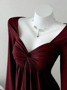 Elamini Women's Casual Twist Front V-Neck Long Sleeve T-Shirt, Versatile New Style, Spring/Autumn