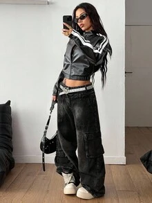 Coolane Fall Clothes For Women Streetwear Going Out Athleisure Daily Wear Basic Leather Black Loose Jacket Coat