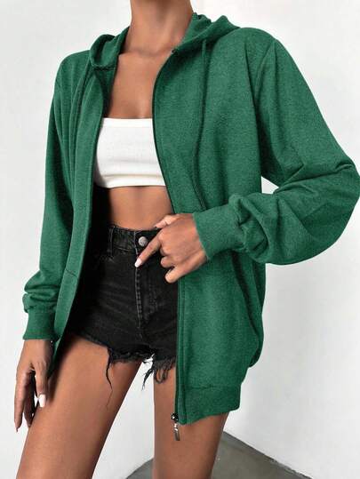 EURMUSE 100Cotton Solid Zip Up Drawstring Hoodie Gym Everyday Forest Green Autumn Casual