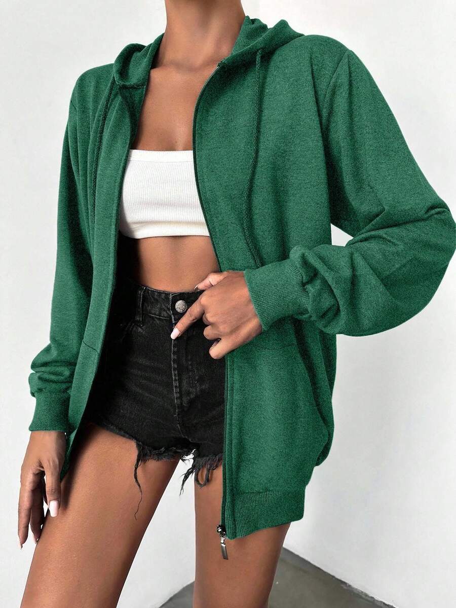 EURMUSE 100%Cotton Solid Zip Up Drawstring Hoodie - Green - View 1