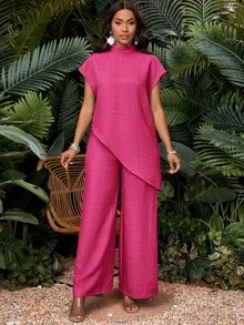 SHEIN Lady Bộ 2 món áo thun cổ lọ tay ngắn màu trơn cỡ lớn và quần dài - Màu Hồng Tươi - Xem 8