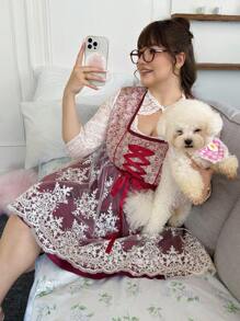 SHEIN EZwear 蕾丝对比拼布提花甜美浪漫 Dirndl 加大码 A 字连衣裙 - 粉色 - 查看 8