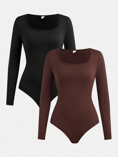 SHEIN 2pcs/Set Teen Girls Black & Brown Square Neck Solid Color Long Sleeve Snap Front Jumpsuit Romper Outfit, Buy 1 Get 1 Free Long Sleeve Bodysuit Bodysuits For Teens Long Sleeve Tops Square Neck Bodysuit Long Sleeve Leotard Tight Tops Fall Winter