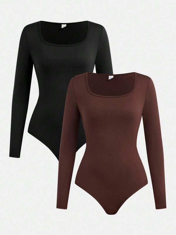 SHEIN Girlism 2pcs/Set Teen Girls Black & Brown Square Neck Solid Color Long Sleeve Snap Front Jumpsuit Romper Outfit, Buy 1 Get 1 Free Long Sleeve Bodysuit Bodysuits For Teens Long Sleeve Tops Square Neck Bodysuit Long Sleeve Leotard Tight Tops Fall Winter
