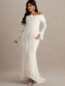 MaterniChic Autumn And Winter Maternity Off-Shoulder Long Sleeve Flare Sleeve Lace Patchwork Fitted Dress Maternity Photoshoot Dress Maternity White Lace Dress Pregnancy Dress White Maternity Gown Off Shoulder Maternity Dress - Apricot - View 3