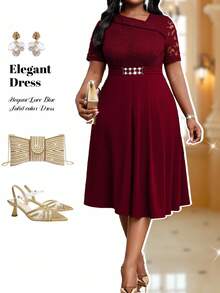 Fleurora Váy midi ren trơn màu thanh lịch dự tiệc cỡ lớn cho nữ Váy lễ Phục sinh Váy tốt nghiệp cho nữ Váy dự tiệc cưới - Màu Đỏ Sâu - Xem 5