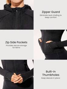 舒适廓形柔软弹力耐用拉链侧袋修身拉链夹克连帽衫瑜伽普拉提工作室日常休闲装 - 黑色 - 查看 5