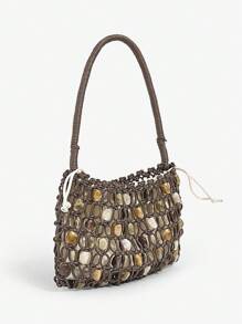 SHEIN SXY 女士、女式单肩包、流浪包、钩针包、亚克力彩色石珠、时尚、优雅、简约、个性化、多功能、适合海滩、度假、节日、夏季、海边、日常、下午茶、海滩派对 - 咖啡 - 查看 3