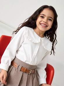 Maija Kids Maija Kids 白色休闲女童衬衫，常规版型，彼得潘领设计。女童白色衬衫，女童长袖衬衫，少女白色衬衫，女童荷叶边领衬衫，女童翻领衬衫，白色荷叶边领衬衫，白色衬衫，白色荷叶边领衬衫，女童长袖白色衬衫，白色衬衫，白色纽扣衬衫，秋冬季 - 白色 - 查看 1