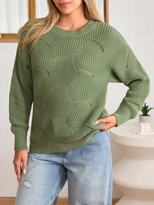EURMUSE Pulover tricotat în culori solide, cu detalii goale, de zi cu zi, stil francez - Verde - Vizualizare 5