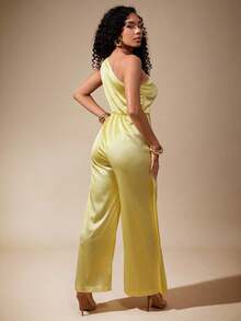 Vixey Solid Satin One Shoulder Wide Leg Sleeveless Jumpsuit - Yellow - View 2