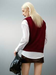 Women Casual Daily Cable Knit V-Neck Vest, For Autumn - Burgundy - View 2