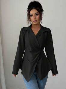 Elenzga 女式纯色长袖褶皱不对称下摆优雅办公室衬衫 - 黑色 - 查看 4