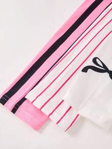 SHEIN 3 件青少年女孩时尚运动字母和数字印花长袖 T 恤（粉色白色条纹、白色、粉色），常规厚度，休闲，秋季