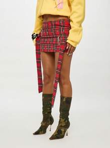 SUMWON WOMEN Holiday Festival Plaid Mini Skirt Studded Tartan Check Pattern Belt Detail High Rise Grommet Winter Party Club Short Skater Skirt - Multicolor - View 5