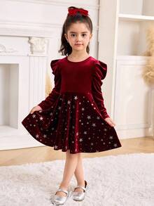 Vestido Elegante de Veludo com Manga Gigot para Meninas Jovens, Vestido de Natal para Meninas com Gola Redonda, Bainha Franzida com Estampa Metalizada de Estrela de Cinco Pontas, Bordô - Vinho - Visão 3