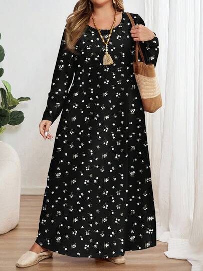 EMERY ROSE Plus Size Long Sleeve Round Neck Dress, Suitable For Autumn/Winter Chic Dress Maxi Dress Long Sleeve Black Floral Dress Floral Maxi Dress Long Sleeve Maxi Dress Long Casual Dress Dress Modest Star Dress