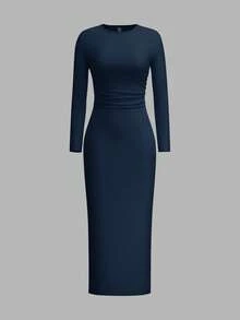 SHEIN EZwear Váy nữ cỡ lớn mùa đông, váy dài tay cho nữ, váy dự tiệc, váy bó sát cổ tròn thường ngày, váy bó sát màu đen dài, váy midi màu đen, váy đen cong, váy dài tay màu đen - Màu xanh hải quân - Xem 3