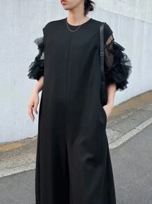 FRIFUL 女士宽松圆领网纱拼接阔腿连体裤，休闲纯色连体裤家居套装 - 黑色 - 查看 7