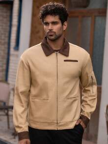 HIMLAND Men's Long Sleeve Casual Woven Patchwork Turndown Collar Loose Drop Shoulder Earthy Jacket Light Brown