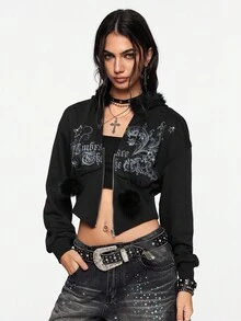 ROMWE Grunge Punk Y2K Subculture 复古修身豹纹连帽运动衫，复古花卉印花水钻装饰女式运动衫 - 黑色 - 查看 6
