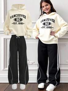 SHEIN Tween Girl Casual Retro Graphic Hooded Sweatshirt & Contrast Color Wide Leg Pants Set,Black,Autumn,School,Back-To-School Fall Winter Athleisure Outfit - Apricot - View 8