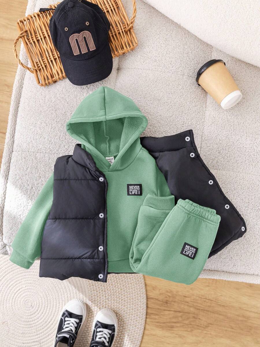 3 Stück/Set Baby Jungen/Mädchen Lässig Schwarze Weste Jacke, Grüner Kapuzenpullover, und Hose 3-teiliges Outfit Set, geeignet für Herbst/Winter
