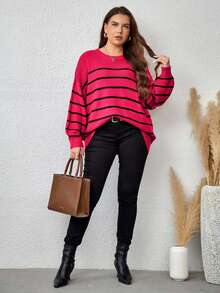 EURMUSE Plus Size Plus Size Loose Fit Colorblock Striped Pullover Sweater - Hot Pink - View 3