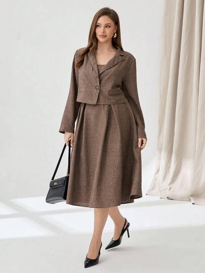 Auralis Bộ vest thanh lịch cỡ lớn, màu trơn, tay dài, cài một hàng khuy, gồm áo blazer và váy, thích hợp cho mùa xuân.