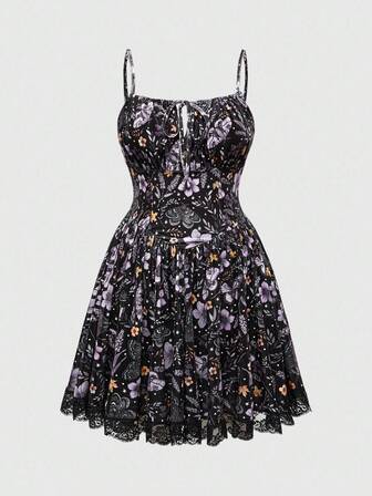 Robe grande taille en velours avec bordure en dentelle à imprimé fleurs et papillons de style Fairycore