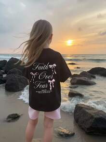 Girls Bow Slogan Print Round Neck Short Sleeve Simple T-Shirt - Black - View 3