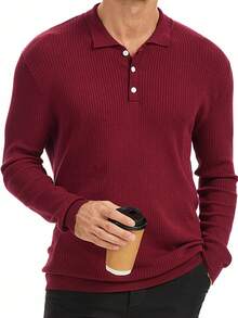Manfinity Dauomo Men's Solid Color Polo Neck Long Sleeve Casual Sweater - Burgundy - View 1