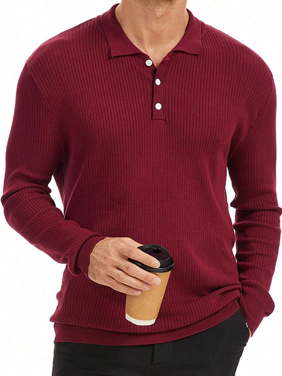 Manfinity Dauomo Men's Solid Color Polo Neck Long Sleeve Casual Sweater - Burgundy - View 1