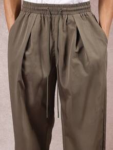 SUMWON Weite Bein Nylon Hosen mit entspannter Passform, vorne gefaltete Hosen Kollektion, hohe Taille, Lässig Street Style für Herbst Winter Alltag - Armeegrün - Übersicht 6