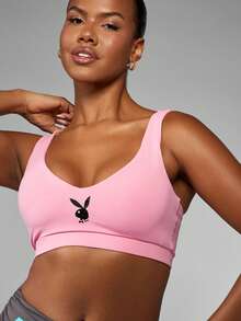 Missguided x Playboy Áo ngực thể thao nén thun đàn hồi hiệu suất cao có logo thỏ, tập luyện thể dục, chạy bộ, yoga, áo crop top thể thao thấm hút mồ hôi, thoáng khí, trang phục biểu diễn - Hồng - Xem 3